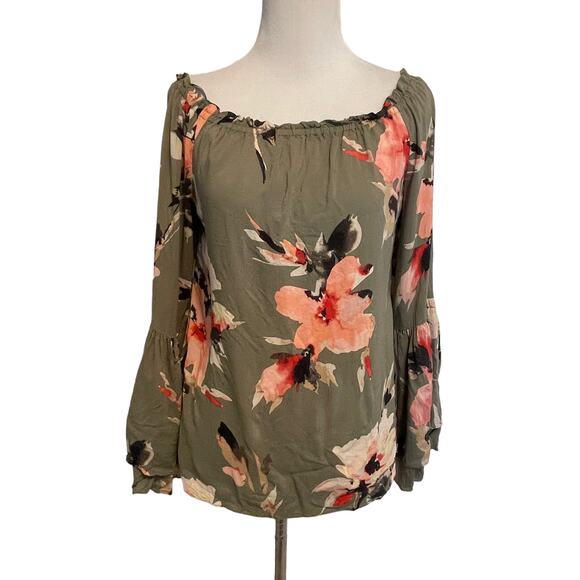 White House Black Market Floral Off-Shoulder Blouse - Green and Pink - Picture 2 of 11